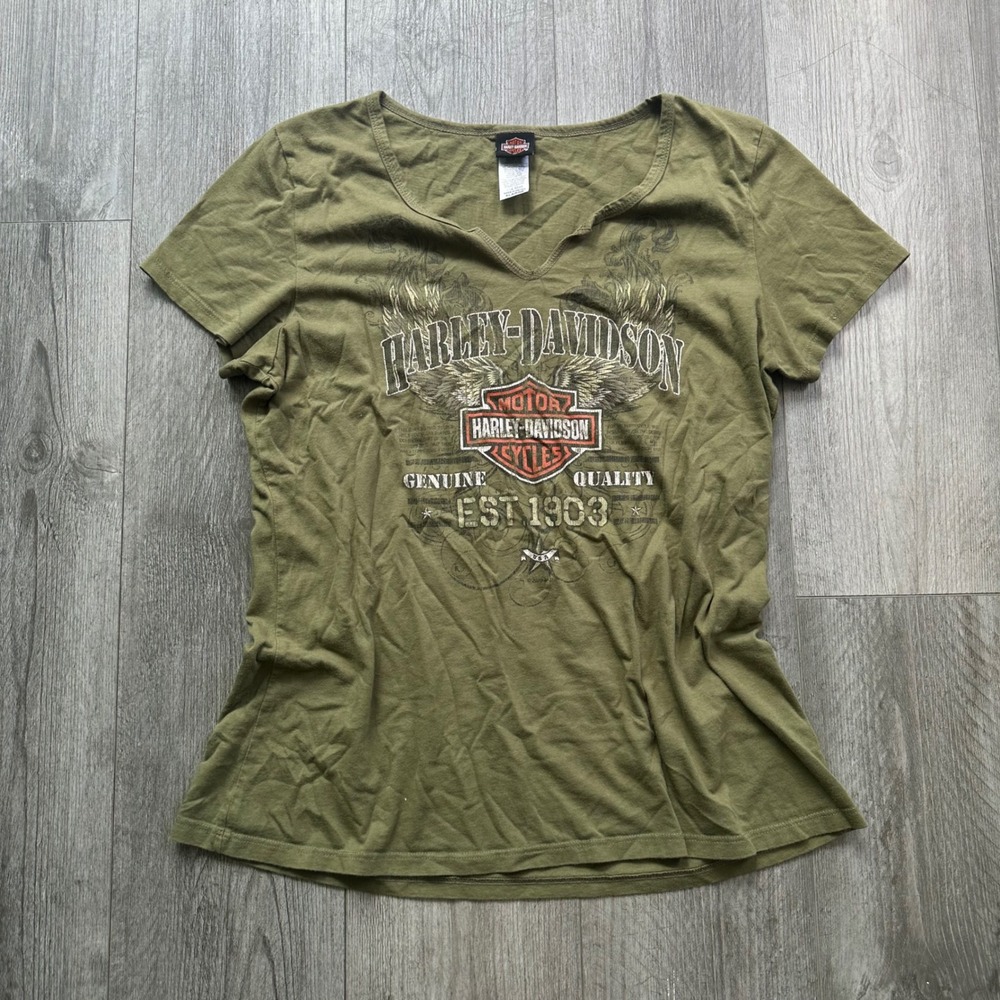 Harley-Davidson Womens XL Olive Green V-Neck Tee Indianapolis IN Biker grunge
